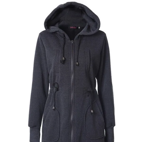 Drawstring Waist Longline Pockets Hooded Jacket