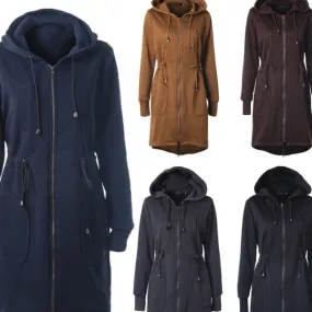 Drawstring Waist Longline Pockets Hooded Jacket