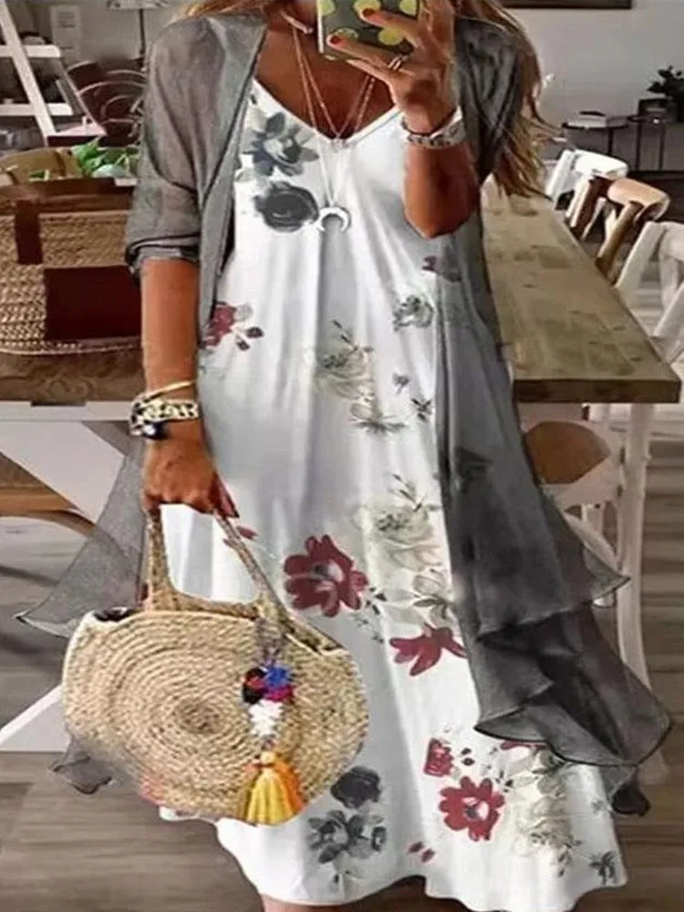 Elegant Dress Floral Print 2 Piece Sets Office Lady O-Neck Sleeveless Summer Dress   Women Mesh Transparent Coat Dress Robe