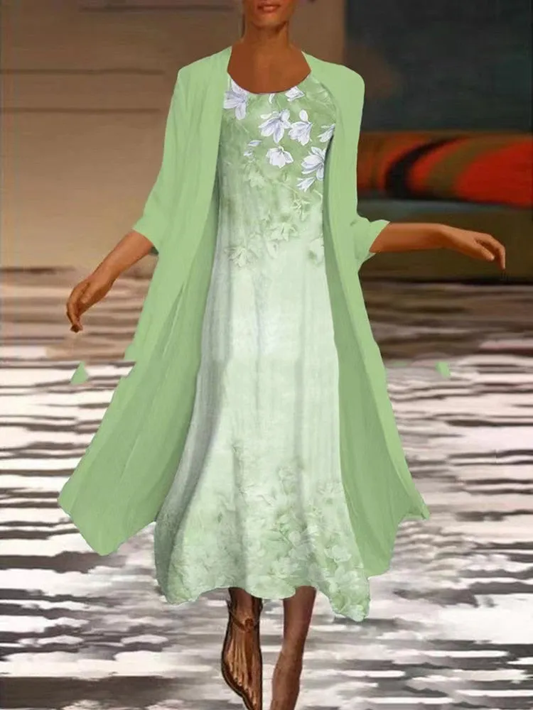 Elegant Dress Floral Print 2 Piece Sets Office Lady O-Neck Sleeveless Summer Dress   Women Mesh Transparent Coat Dress Robe