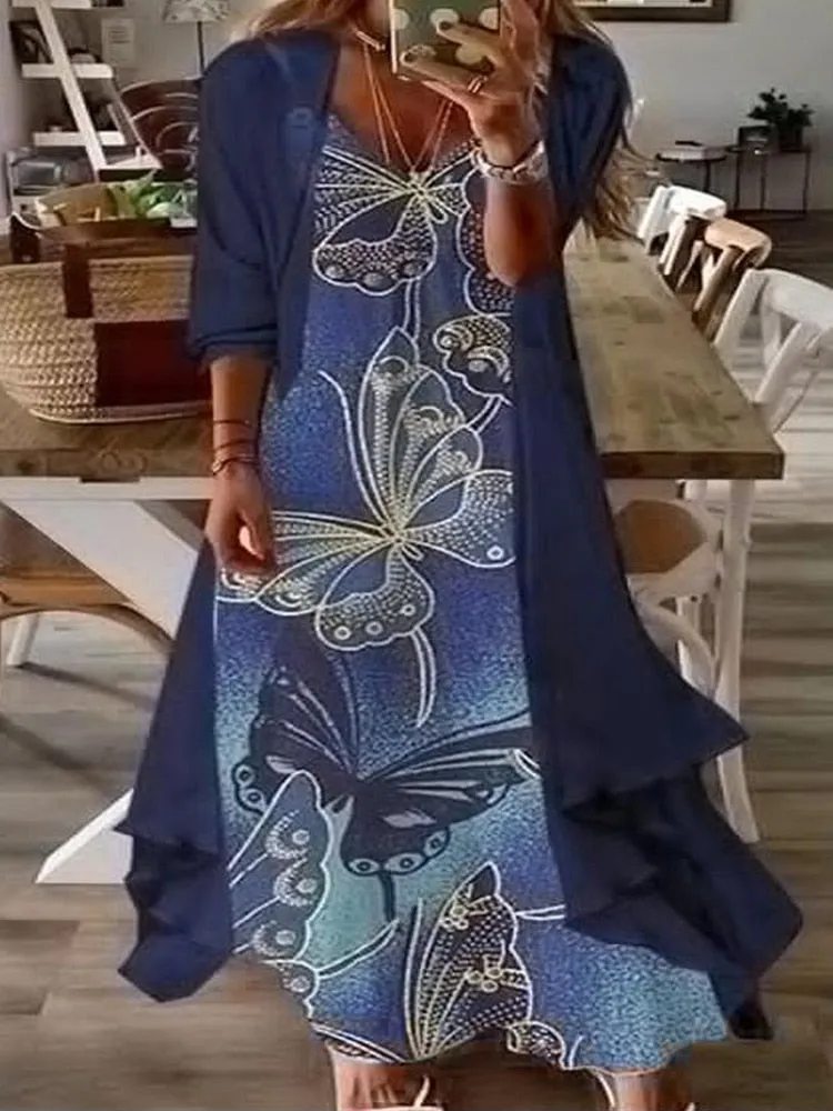 Elegant Dress Floral Print 2 Piece Sets Office Lady O-Neck Sleeveless Summer Dress   Women Mesh Transparent Coat Dress Robe