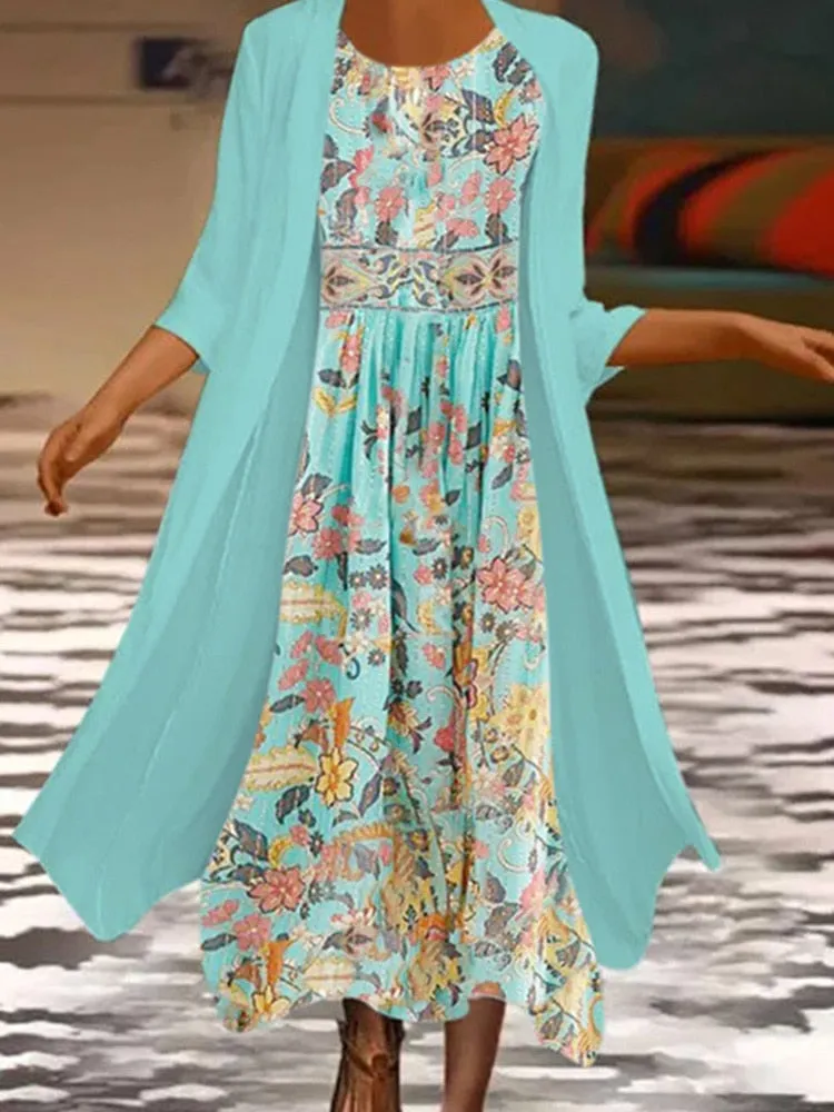 Elegant Dress Floral Print 2 Piece Sets Office Lady O-Neck Sleeveless Summer Dress   Women Mesh Transparent Coat Dress Robe