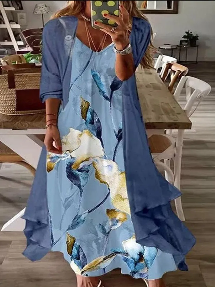 Elegant Dress Floral Print 2 Piece Sets Office Lady O-Neck Sleeveless Summer Dress   Women Mesh Transparent Coat Dress Robe