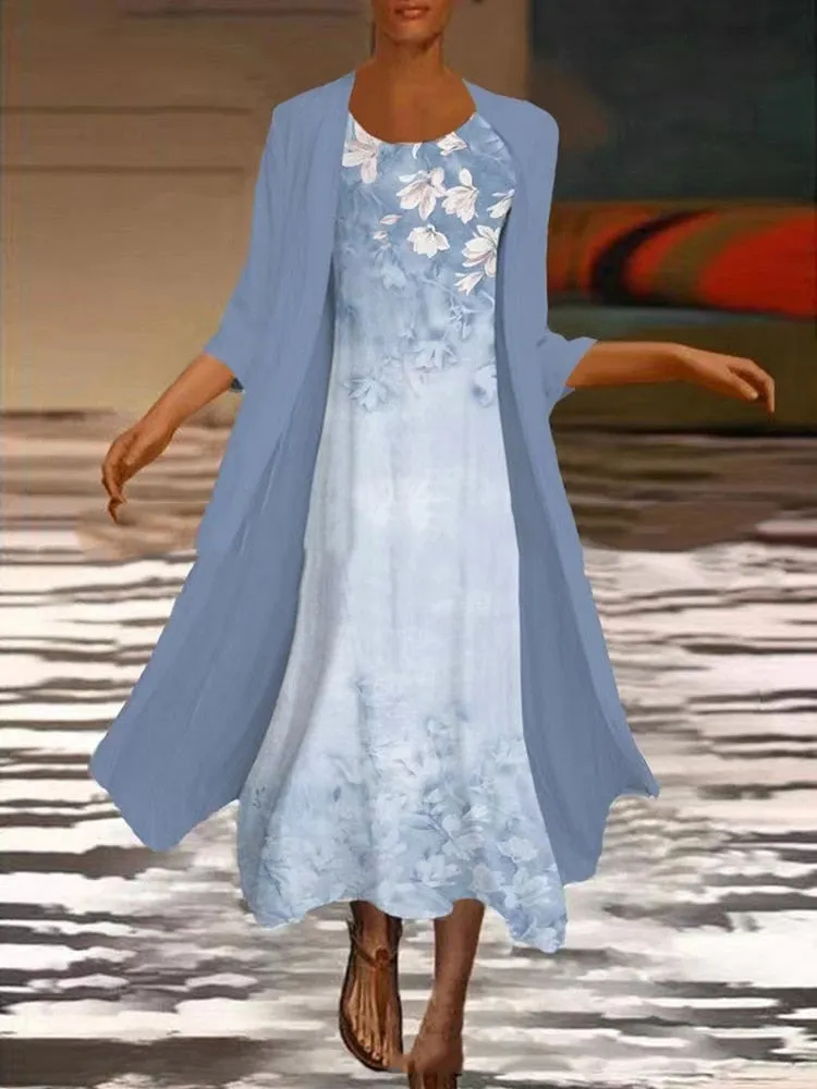 Elegant Dress Floral Print 2 Piece Sets Office Lady O-Neck Sleeveless Summer Dress   Women Mesh Transparent Coat Dress Robe