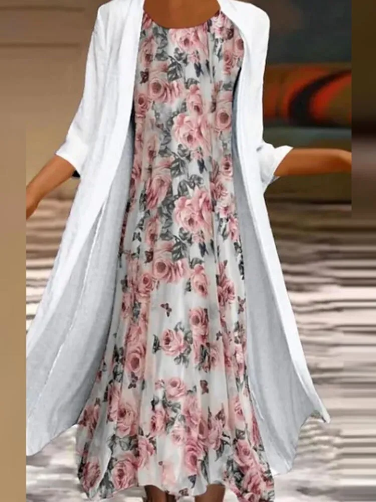 Elegant Dress Floral Print 2 Piece Sets Office Lady O-Neck Sleeveless Summer Dress   Women Mesh Transparent Coat Dress Robe