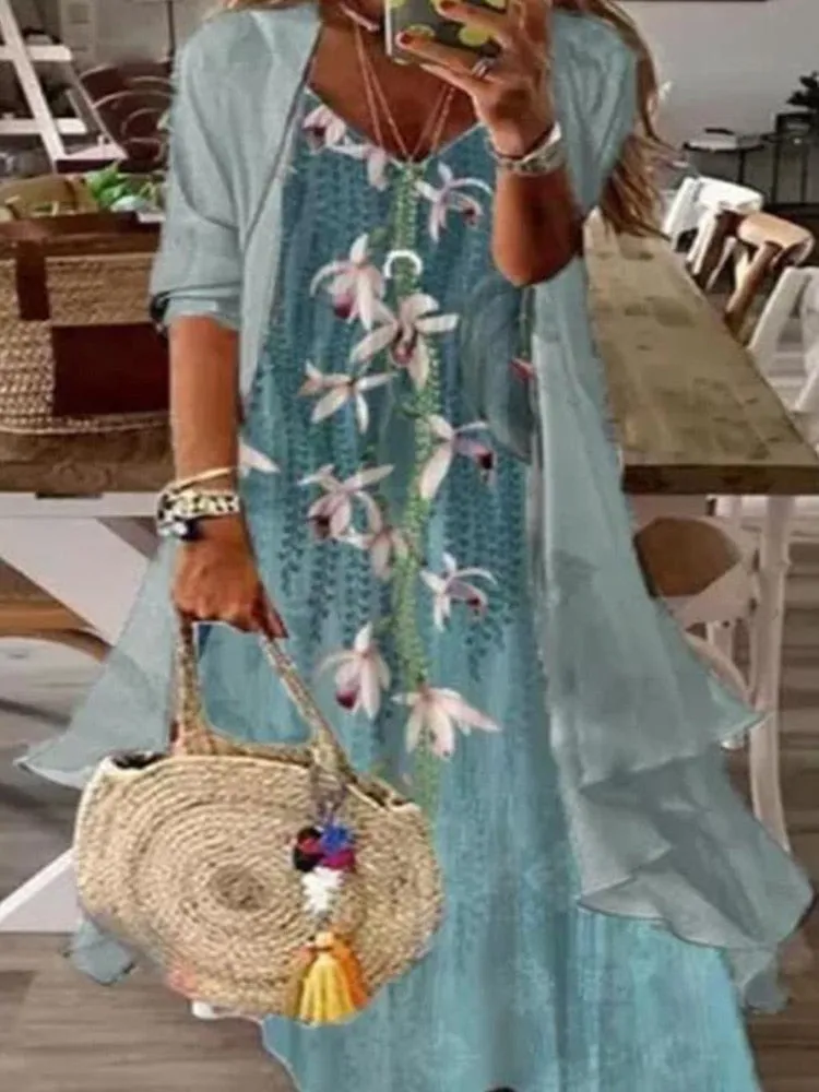 Elegant Dress Floral Print 2 Piece Sets Office Lady O-Neck Sleeveless Summer Dress   Women Mesh Transparent Coat Dress Robe