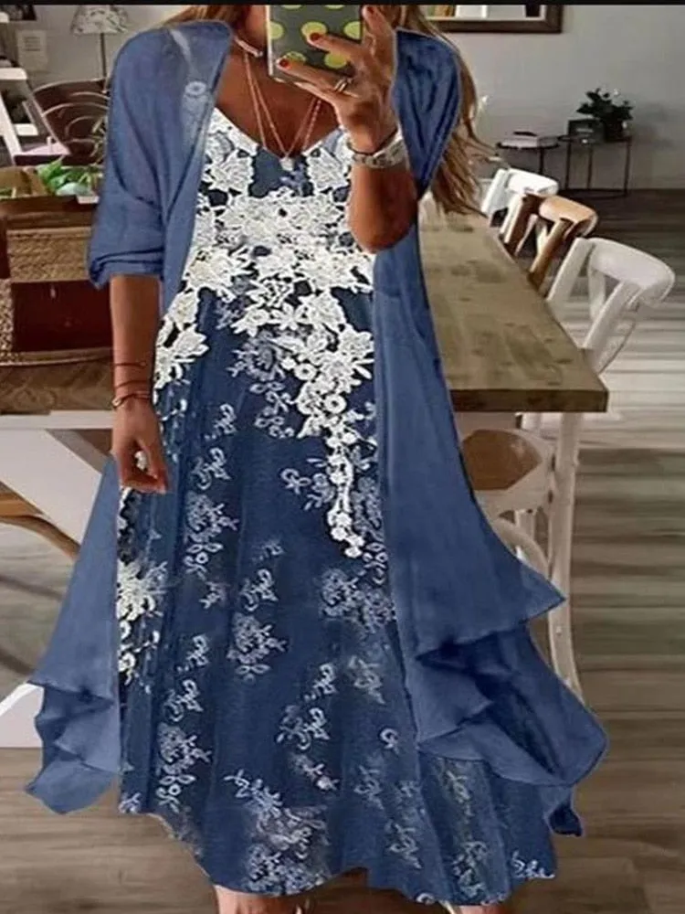Elegant Dress Floral Print 2 Piece Sets Office Lady O-Neck Sleeveless Summer Dress   Women Mesh Transparent Coat Dress Robe