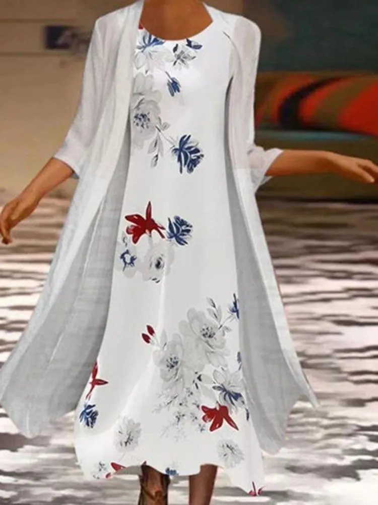 Elegant Dress Floral Print 2 Piece Sets Office Lady O-Neck Sleeveless Summer Dress   Women Mesh Transparent Coat Dress Robe
