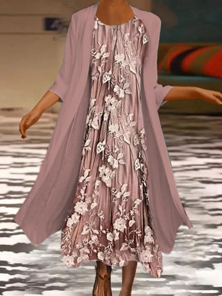 Elegant Dress Floral Print 2 Piece Sets Office Lady O-Neck Sleeveless Summer Dress   Women Mesh Transparent Coat Dress Robe