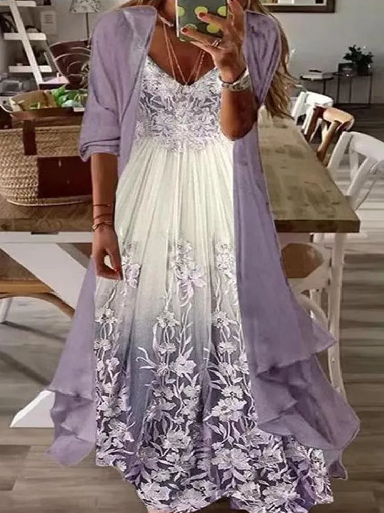 Elegant Dress Floral Print 2 Piece Sets Office Lady O-Neck Sleeveless Summer Dress   Women Mesh Transparent Coat Dress Robe