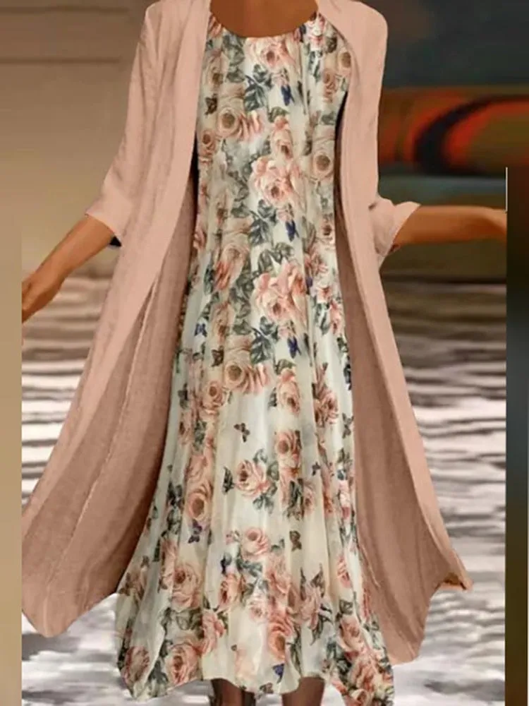Elegant Dress Floral Print 2 Piece Sets Office Lady O-Neck Sleeveless Summer Dress   Women Mesh Transparent Coat Dress Robe