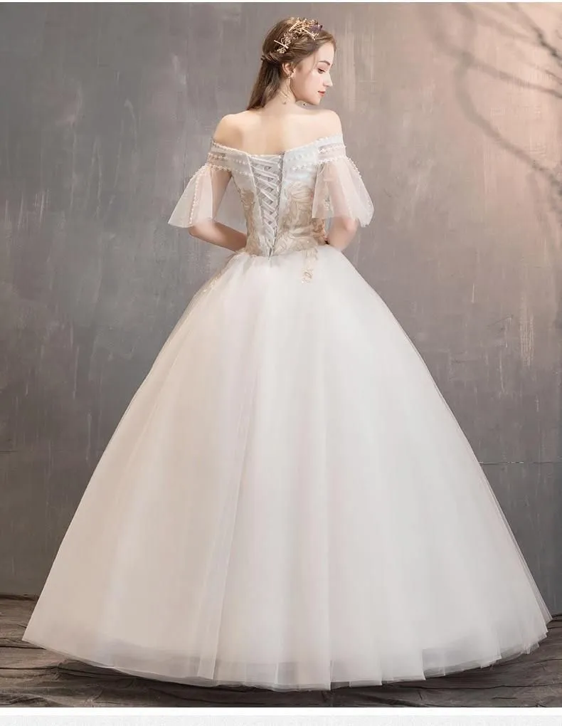 Elegant White Wedding Dresses Lace Up Appliques Off The Shoulder Ball Gown