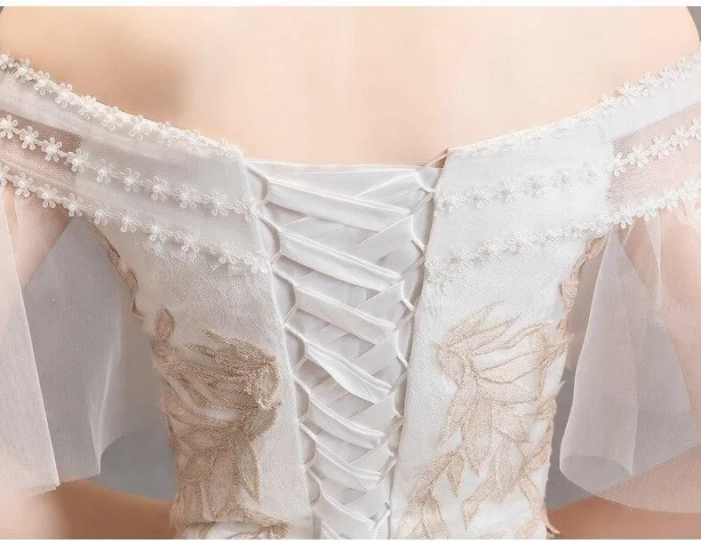 Elegant White Wedding Dresses Lace Up Appliques Off The Shoulder Ball Gown