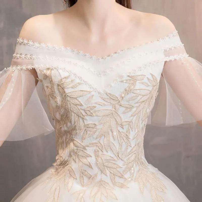 Elegant White Wedding Dresses Lace Up Appliques Off The Shoulder Ball Gown