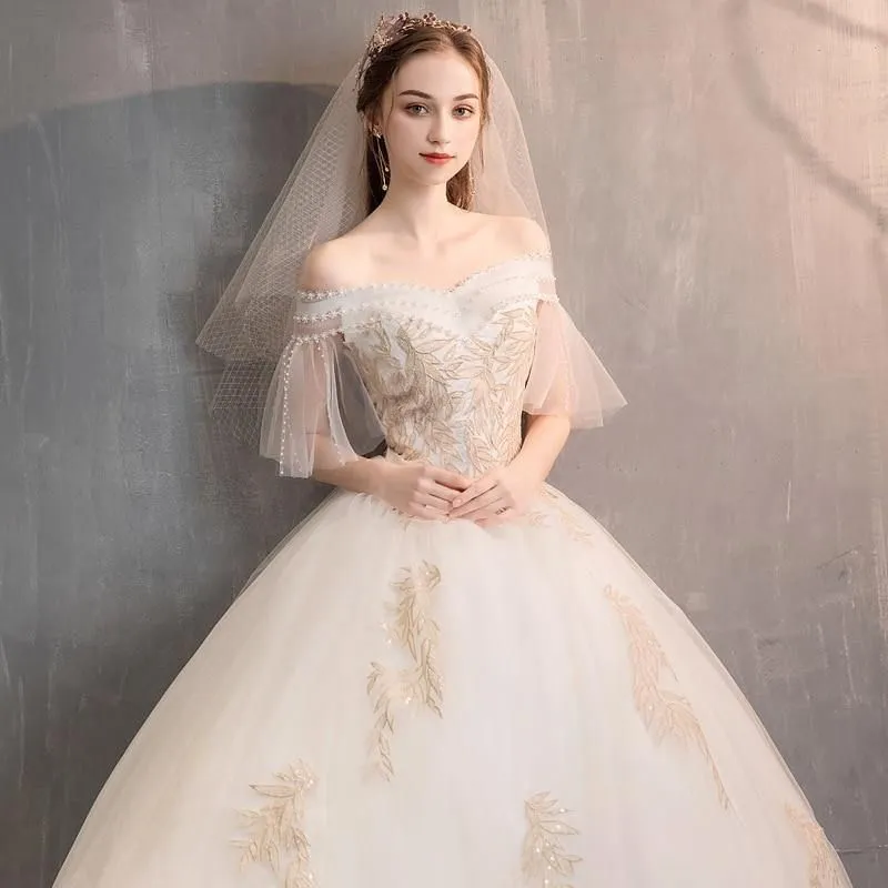 Elegant White Wedding Dresses Lace Up Appliques Off The Shoulder Ball Gown