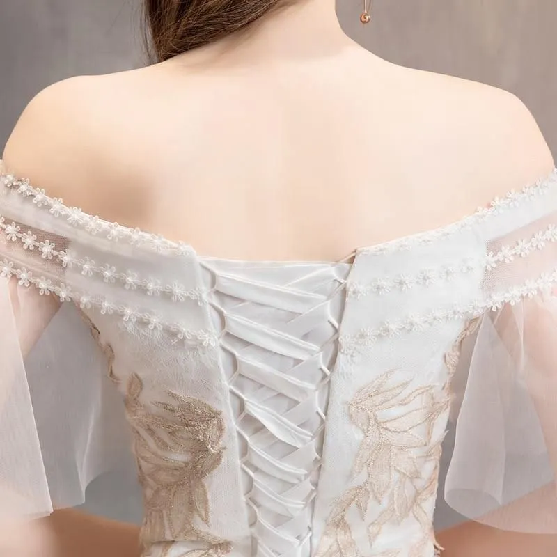 Elegant White Wedding Dresses Lace Up Appliques Off The Shoulder Ball Gown