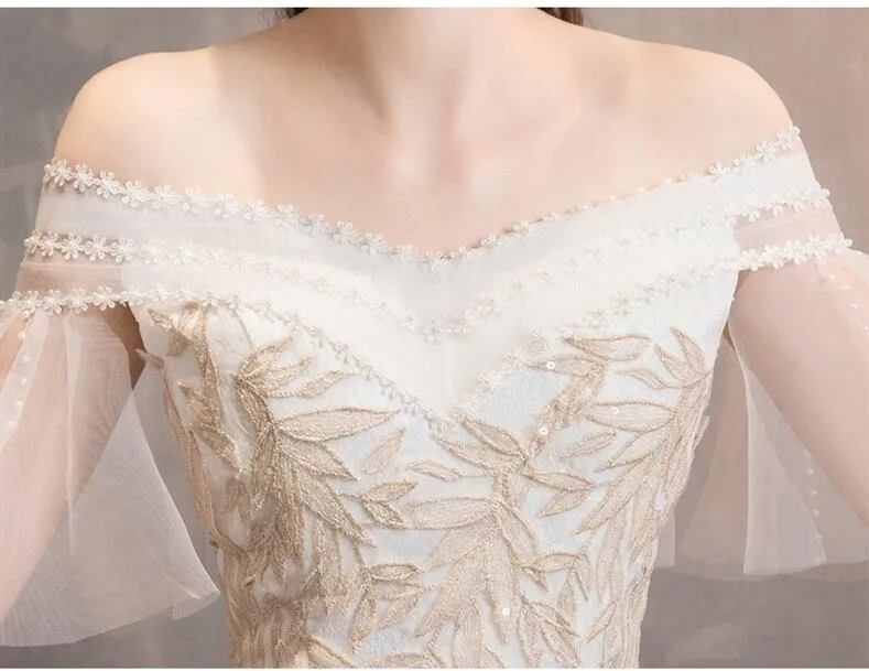 Elegant White Wedding Dresses Lace Up Appliques Off The Shoulder Ball Gown