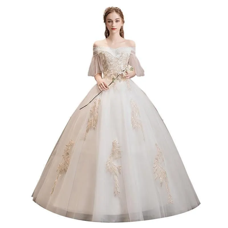 Elegant White Wedding Dresses Lace Up Appliques Off The Shoulder Ball Gown