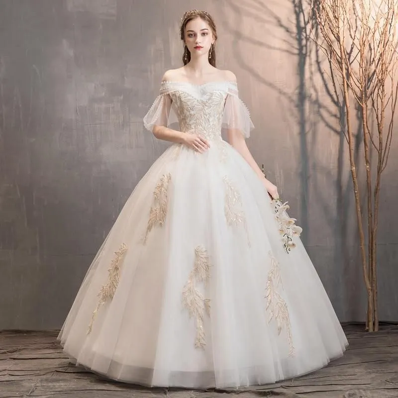 Elegant White Wedding Dresses Lace Up Appliques Off The Shoulder Ball Gown