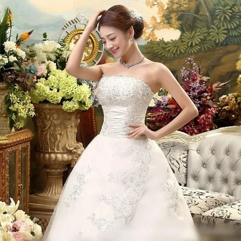 Elegant White Wedding Strapless Ball Gown Lace Up Beaded Sequined