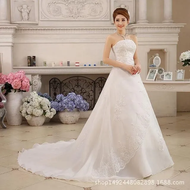 Elegant White Wedding Strapless Ball Gown Lace Up Beaded Sequined