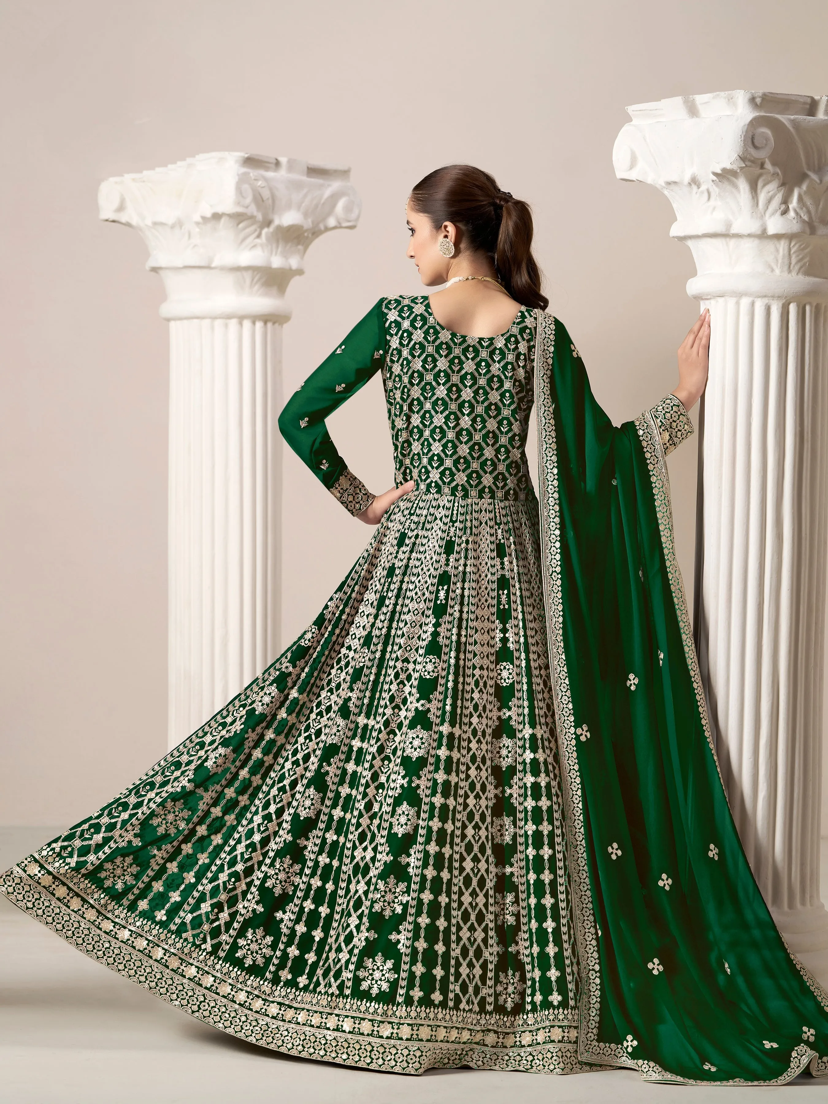 Green Pure Georgette Long Floor Length Embroidered Work Readymade Gown