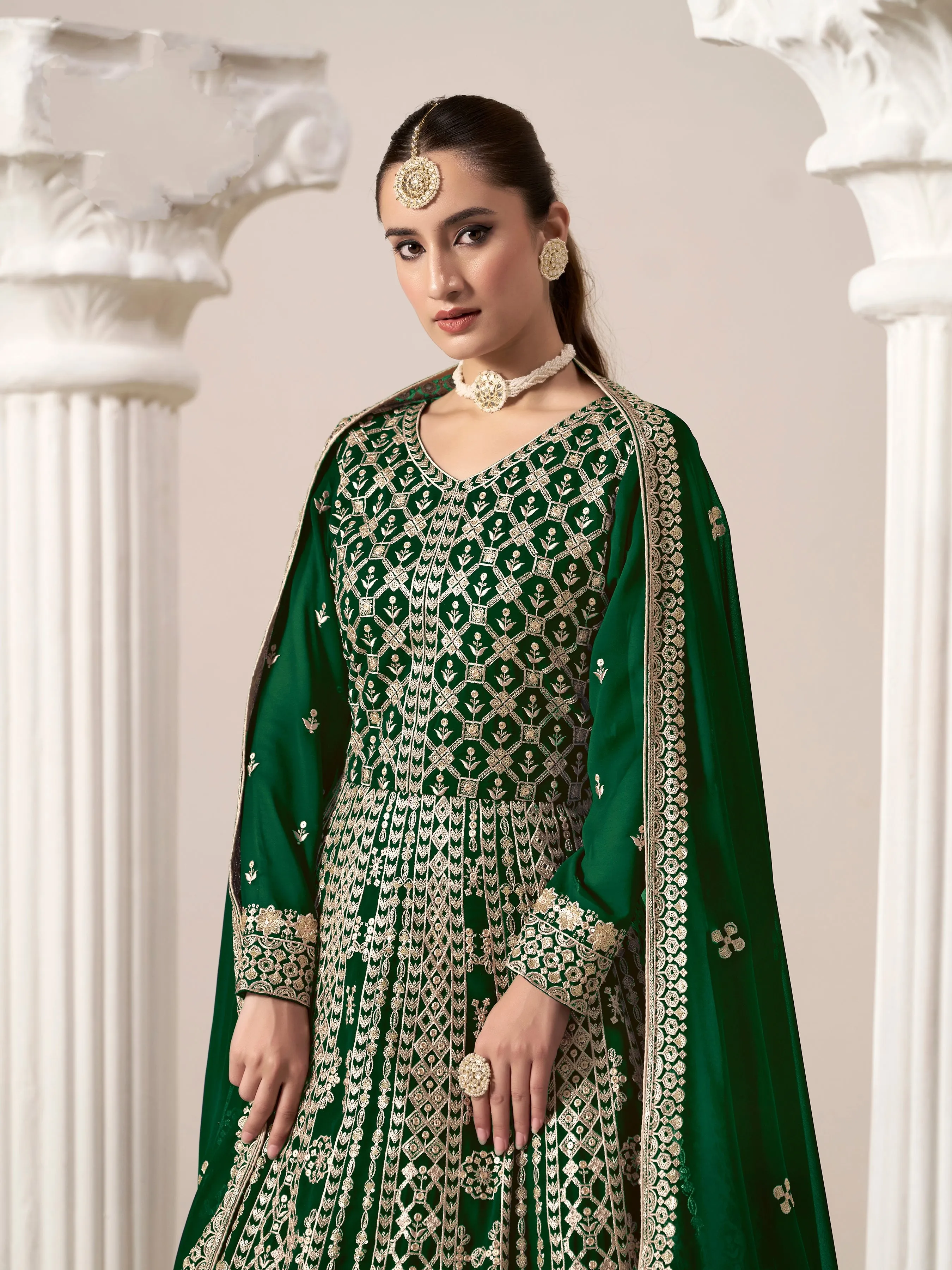 Green Pure Georgette Long Floor Length Embroidered Work Readymade Gown