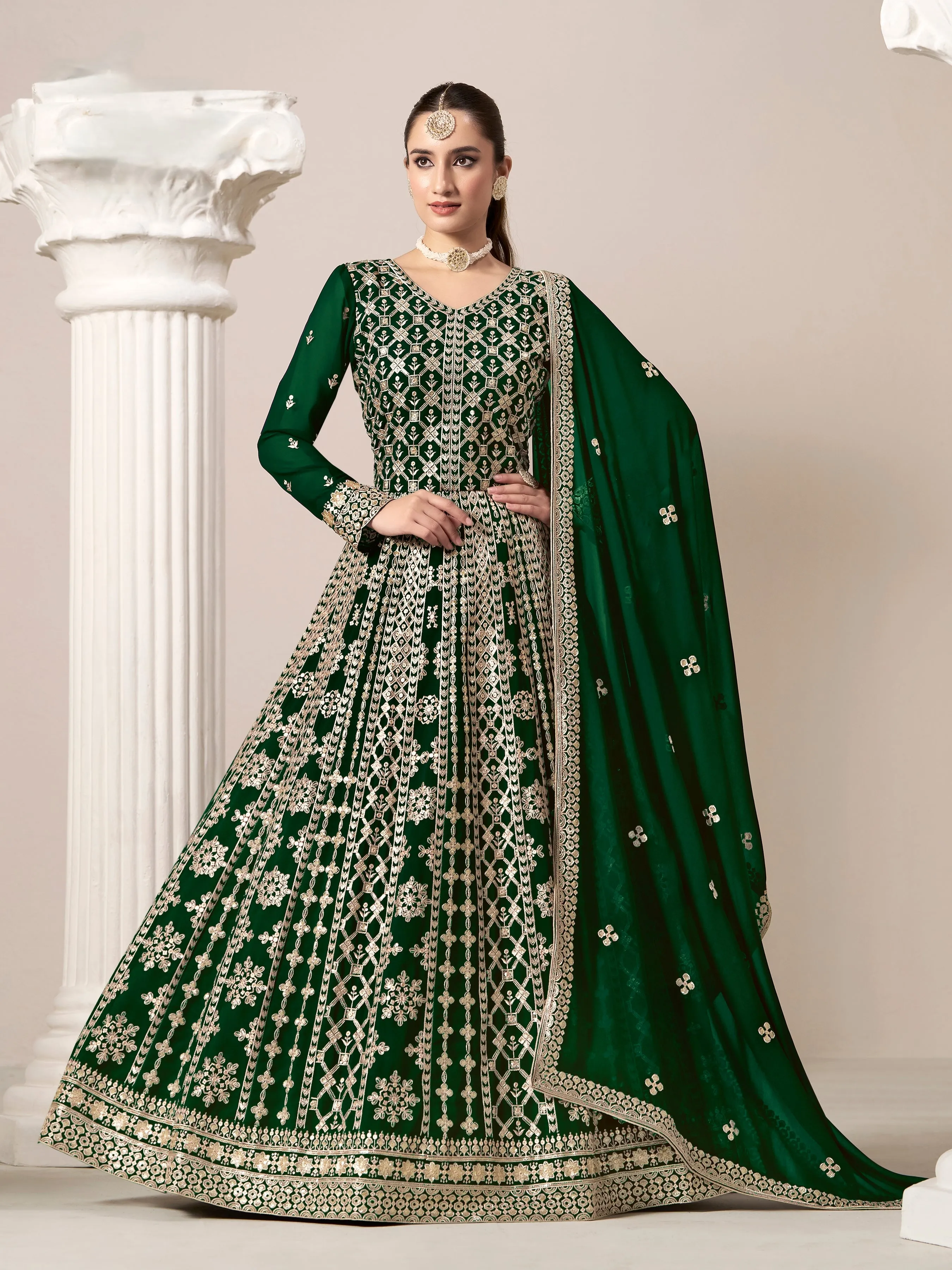Green Pure Georgette Long Floor Length Embroidered Work Readymade Gown