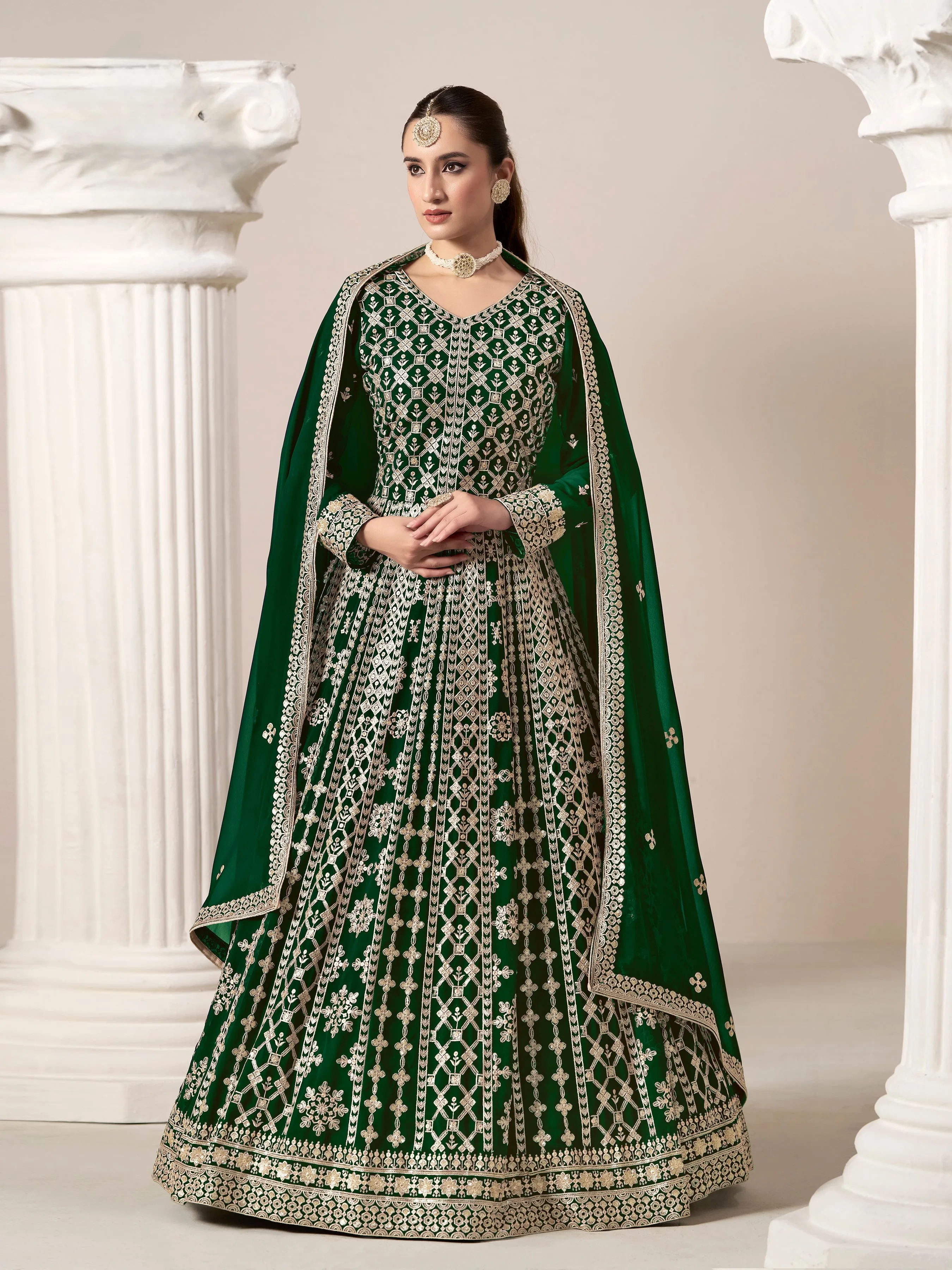 Green Pure Georgette Long Floor Length Embroidered Work Readymade Gown