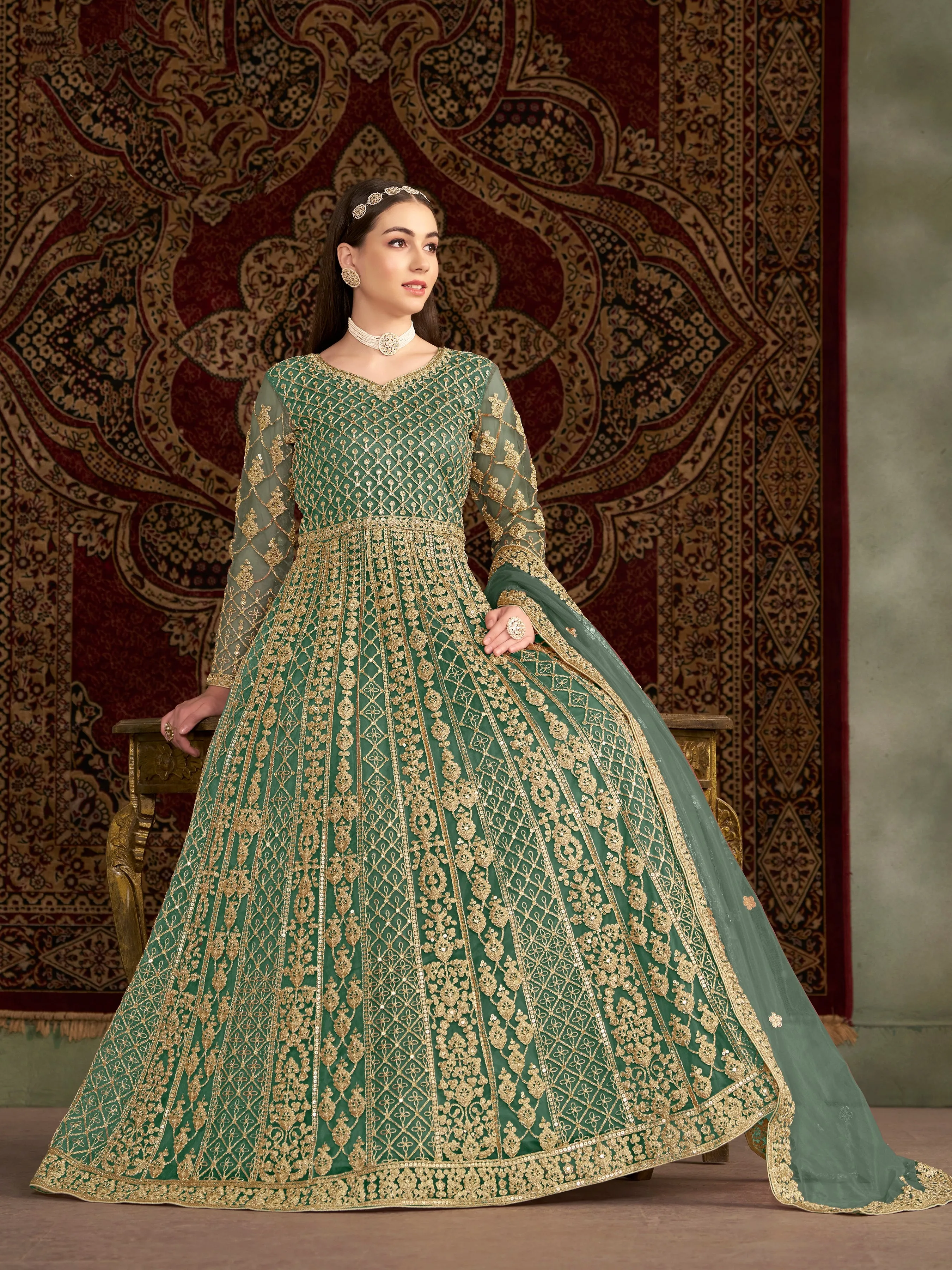 Green Pure Soft Net Long Floor Length Embroidered Work Readymade Gown