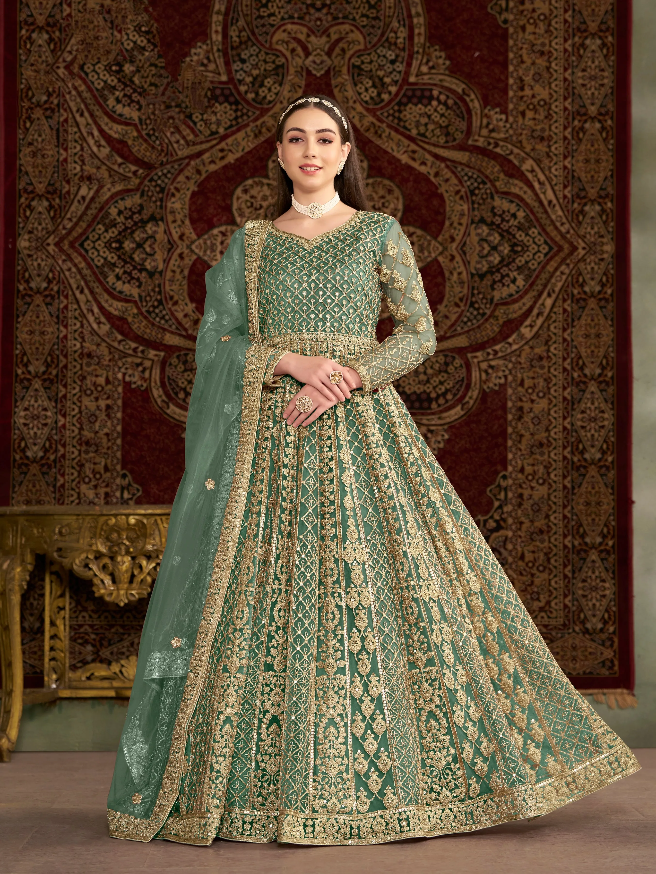 Green Pure Soft Net Long Floor Length Embroidered Work Readymade Gown