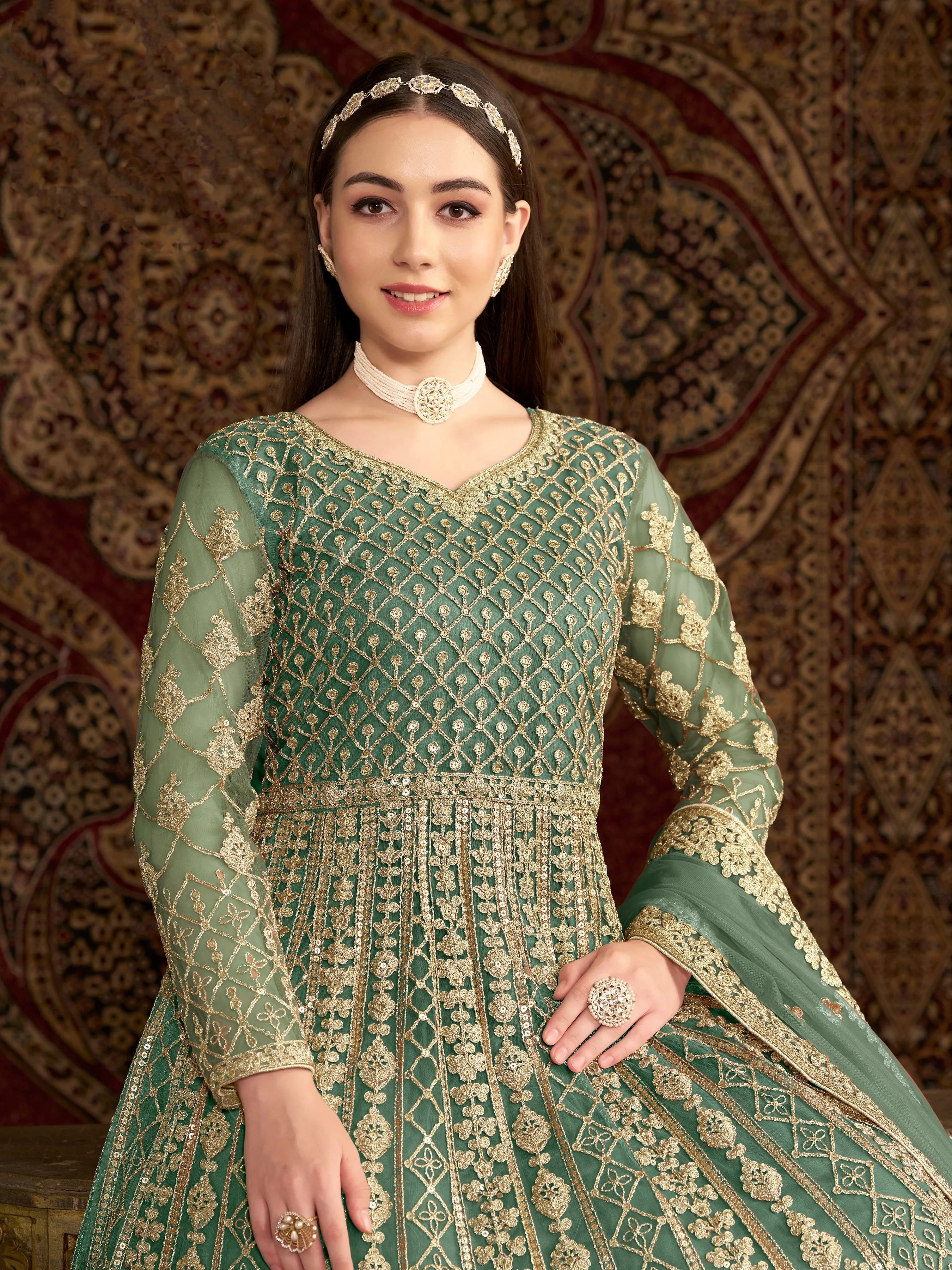 Green Pure Soft Net Long Floor Length Embroidered Work Readymade Gown
