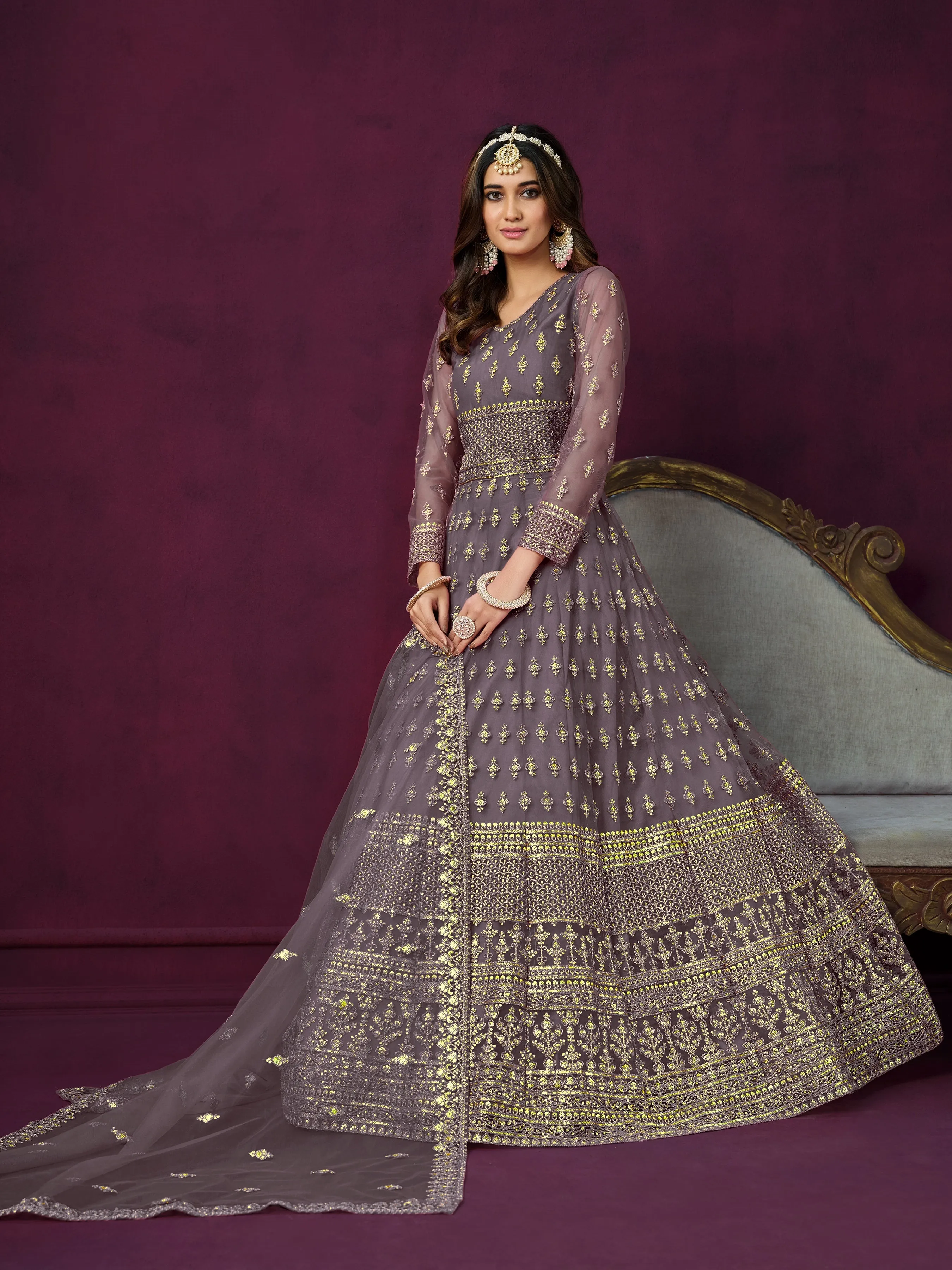 Grey Pure Georgette Long Floor Length Embroidered Work Readymade Gown