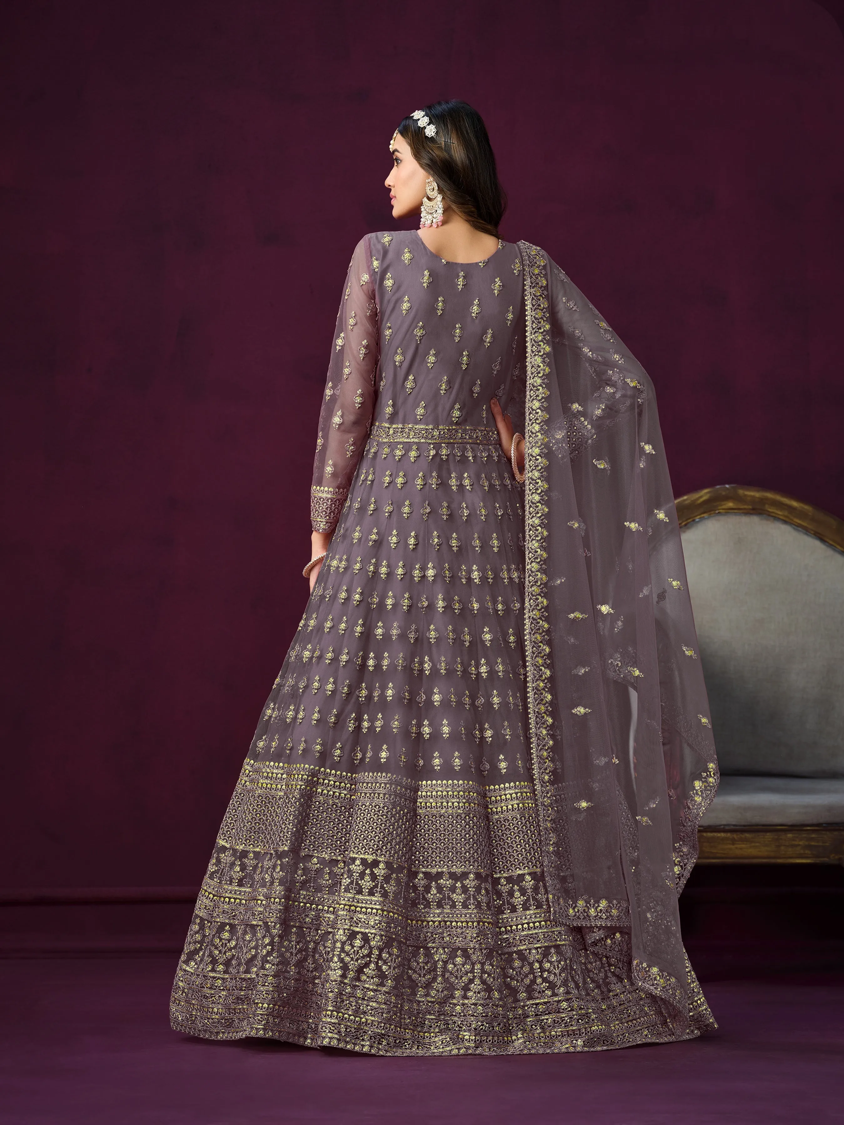 Grey Pure Georgette Long Floor Length Embroidered Work Readymade Gown