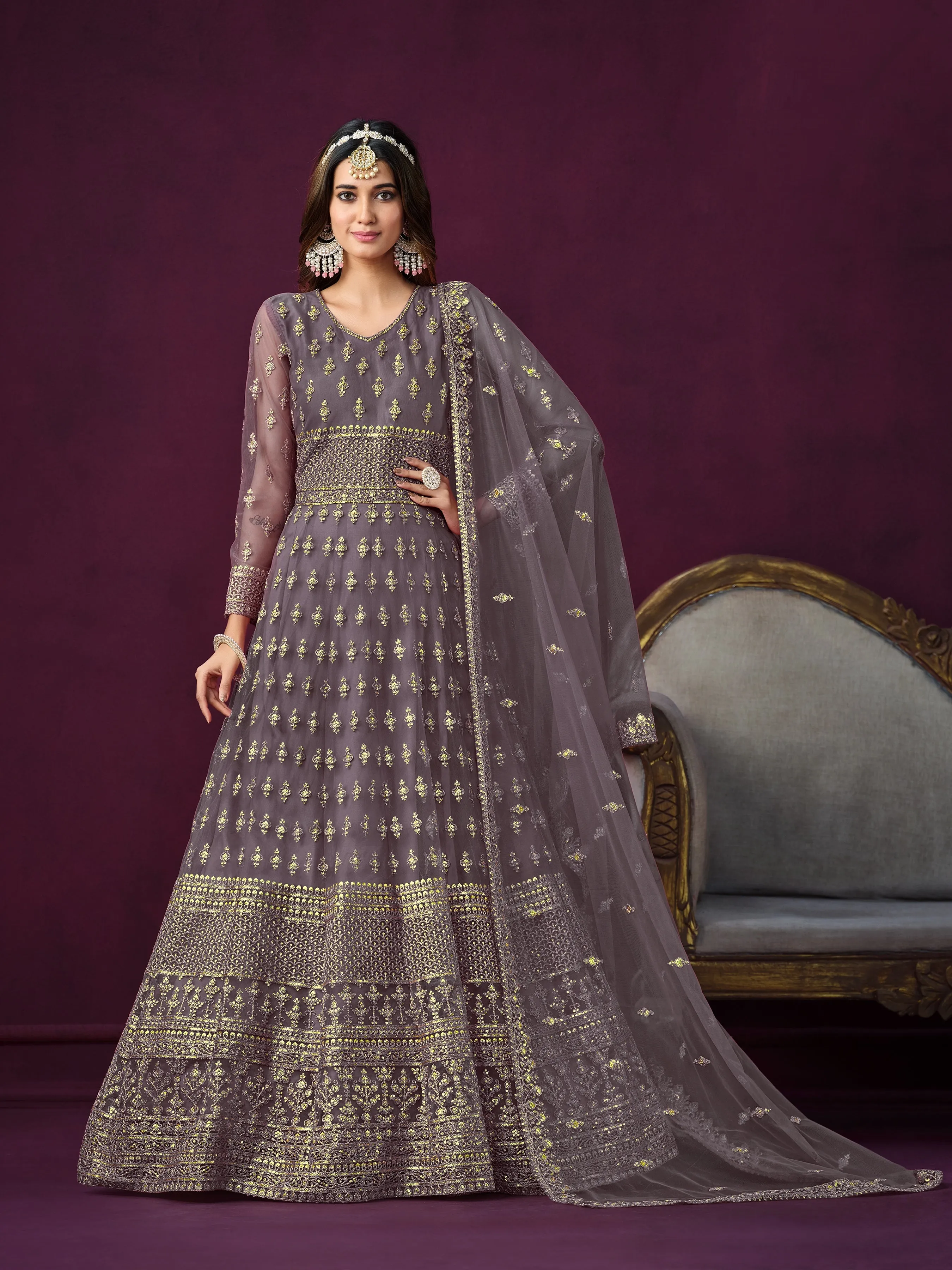Grey Pure Georgette Long Floor Length Embroidered Work Readymade Gown
