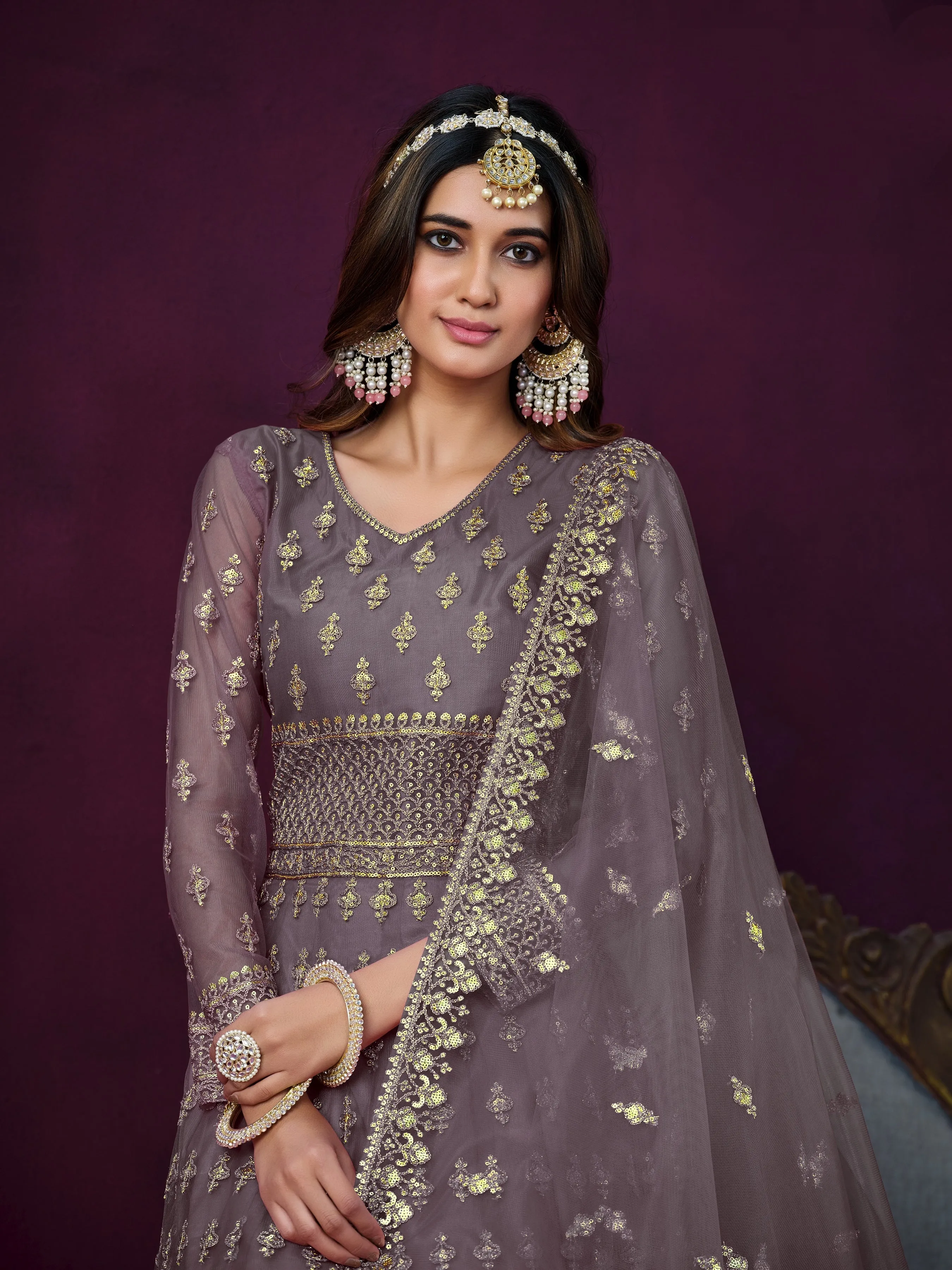 Grey Pure Georgette Long Floor Length Embroidered Work Readymade Gown