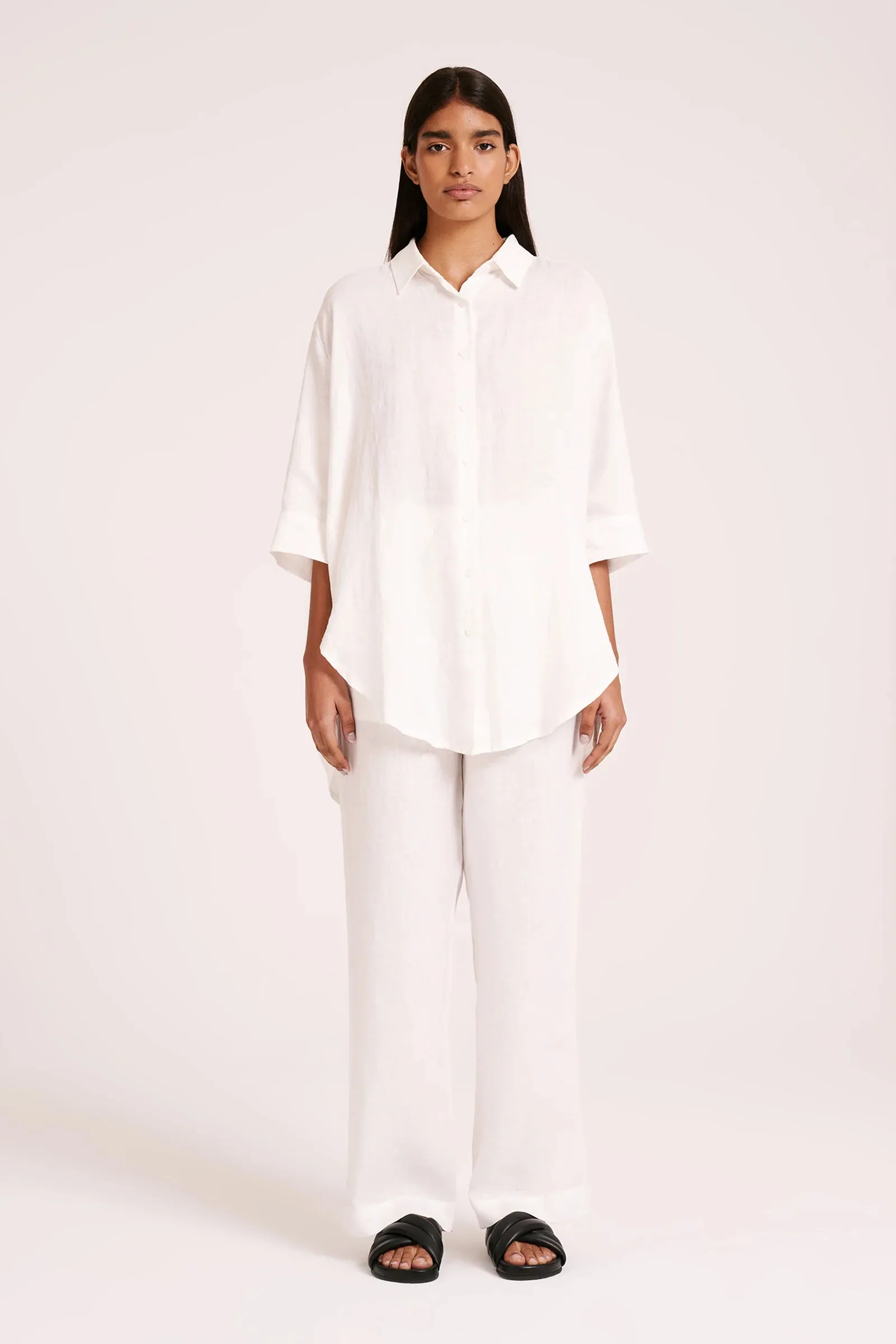 LOUNGE LINEN LONGLINE SHIRT | WHITE