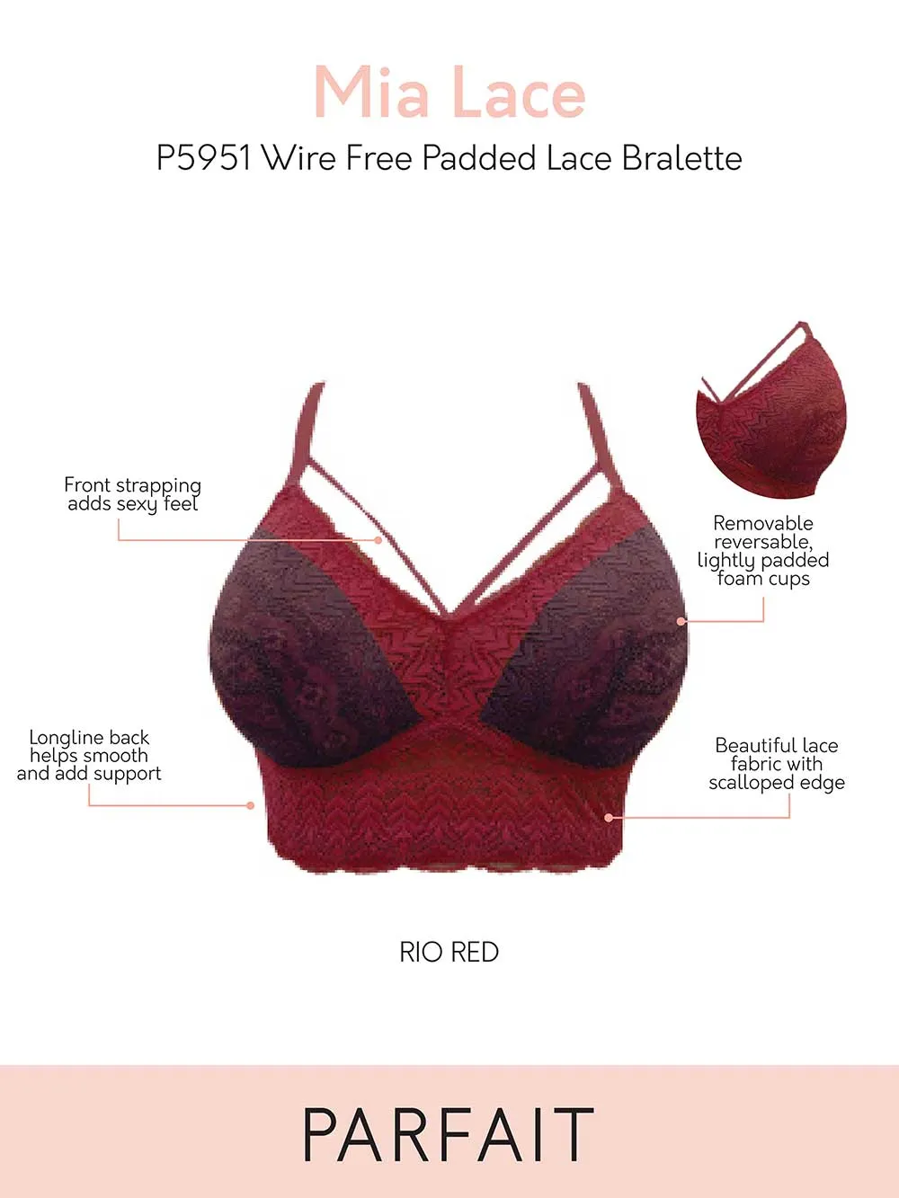 Parfait Mia Lace Wire-free Padded Lace Bralette - Rio Red