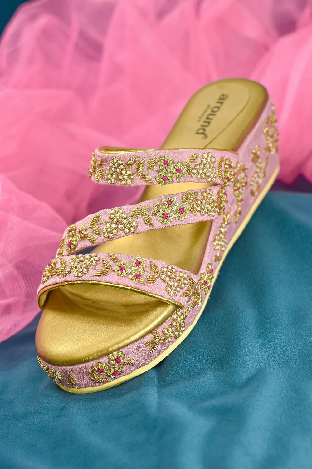 Poly Silk Embroidered Pink Wedges