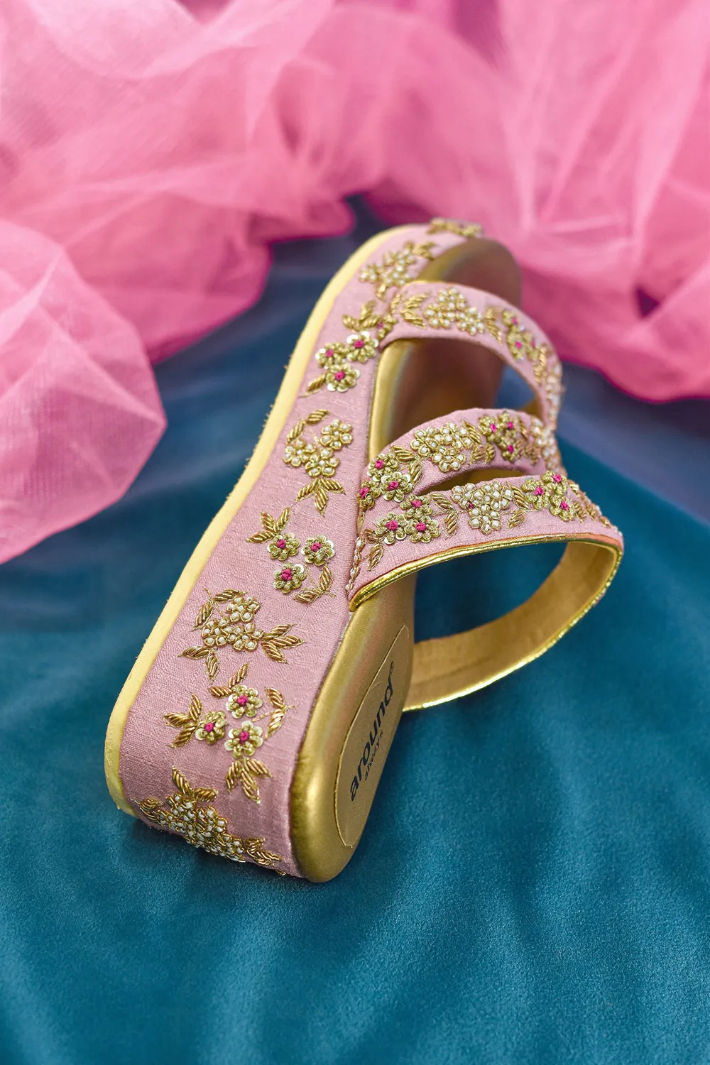 Poly Silk Embroidered Pink Wedges