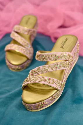 Poly Silk Embroidered Pink Wedges