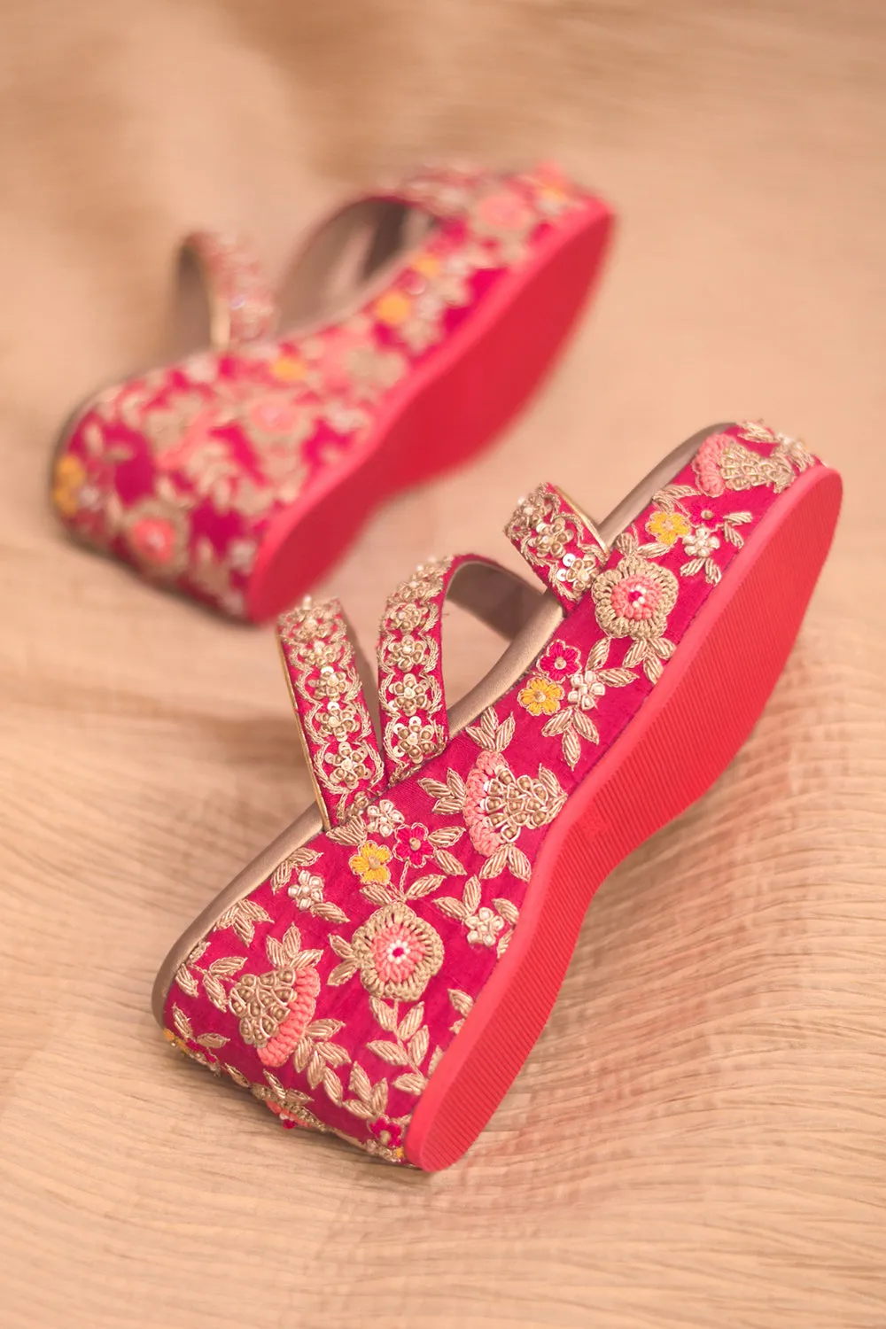 Red Poly Silk & Rexine Hand Embroidered Heels