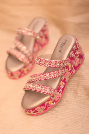 Red Poly Silk & Rexine Hand Embroidered Heels