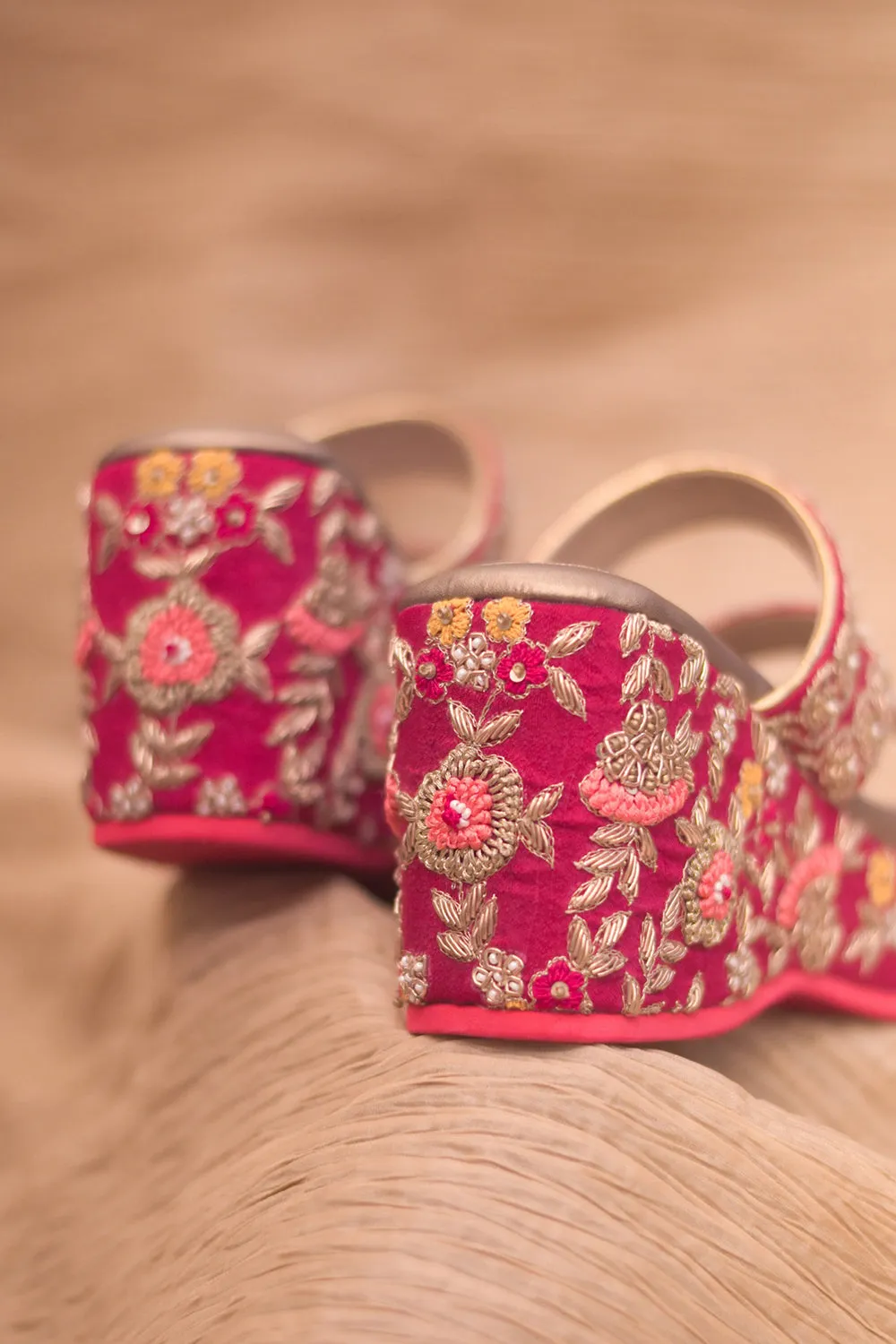 Red Poly Silk & Rexine Hand Embroidered Heels