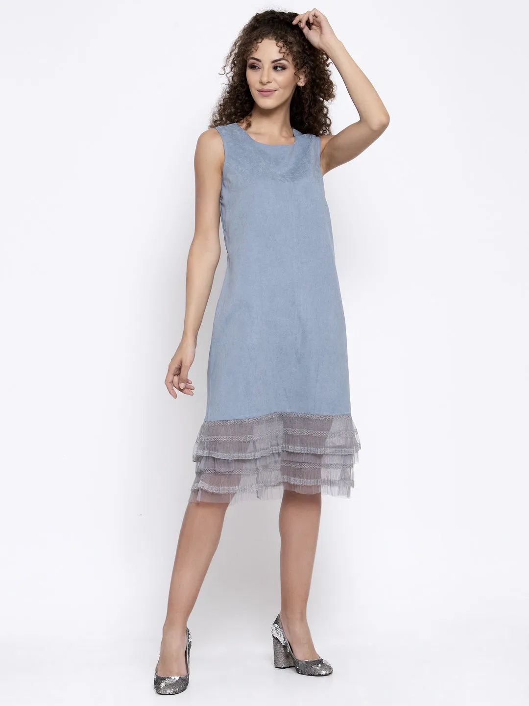 Sleeveless Blue Dress With Grey Frill At Bottom