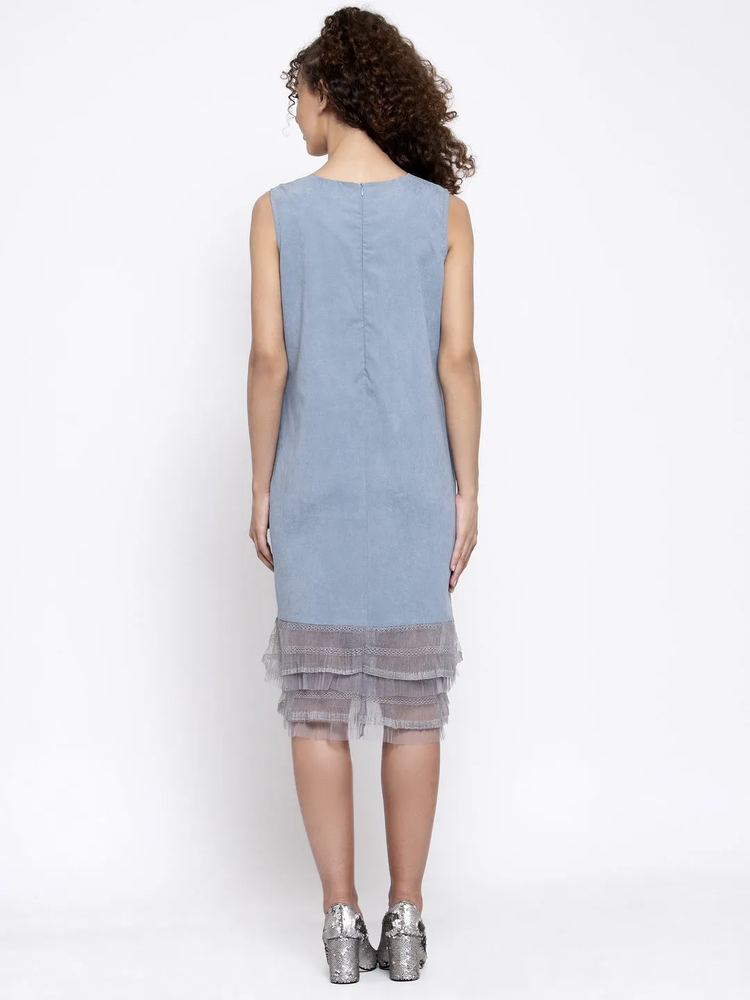 Sleeveless Blue Dress With Grey Frill At Bottom