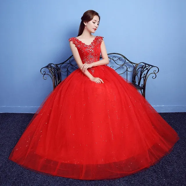 V-neck Beading Backless Sexy Wedding Dress Tulle Crystal Ball Gown