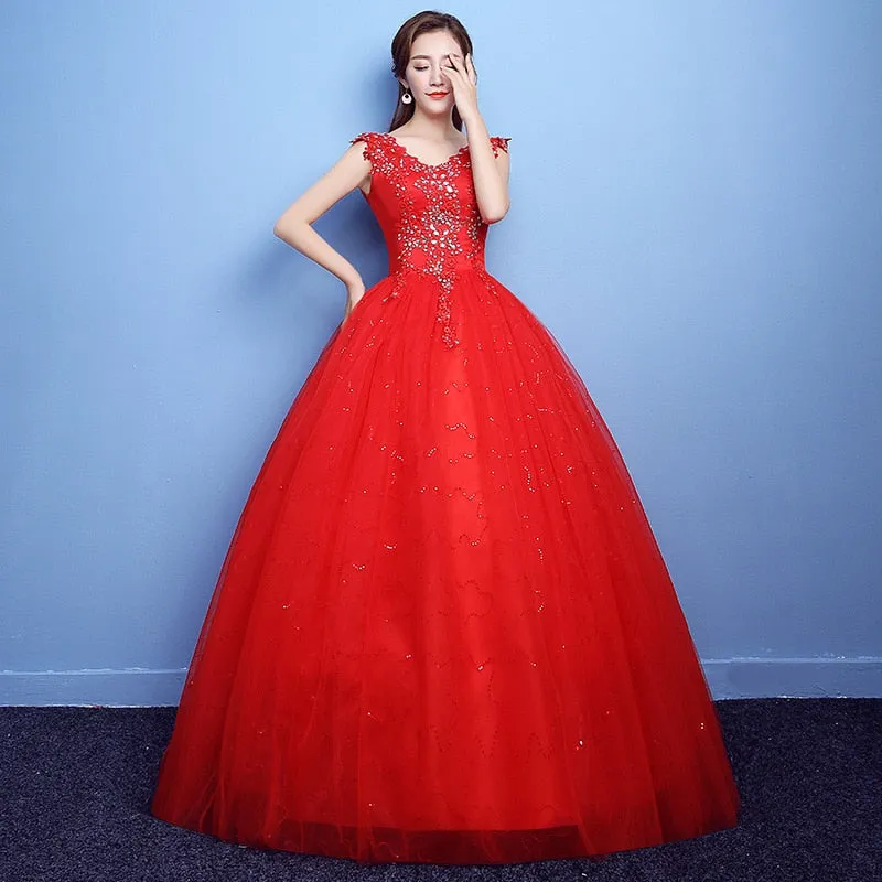 V-neck Beading Backless Sexy Wedding Dress Tulle Crystal Ball Gown