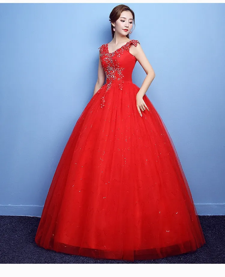 V-neck Beading Backless Sexy Wedding Dress Tulle Crystal Ball Gown