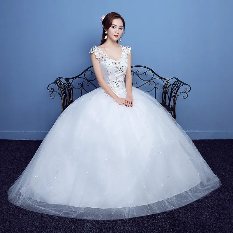 V-neck Beading Backless Sexy Wedding Dress Tulle Crystal Ball Gown